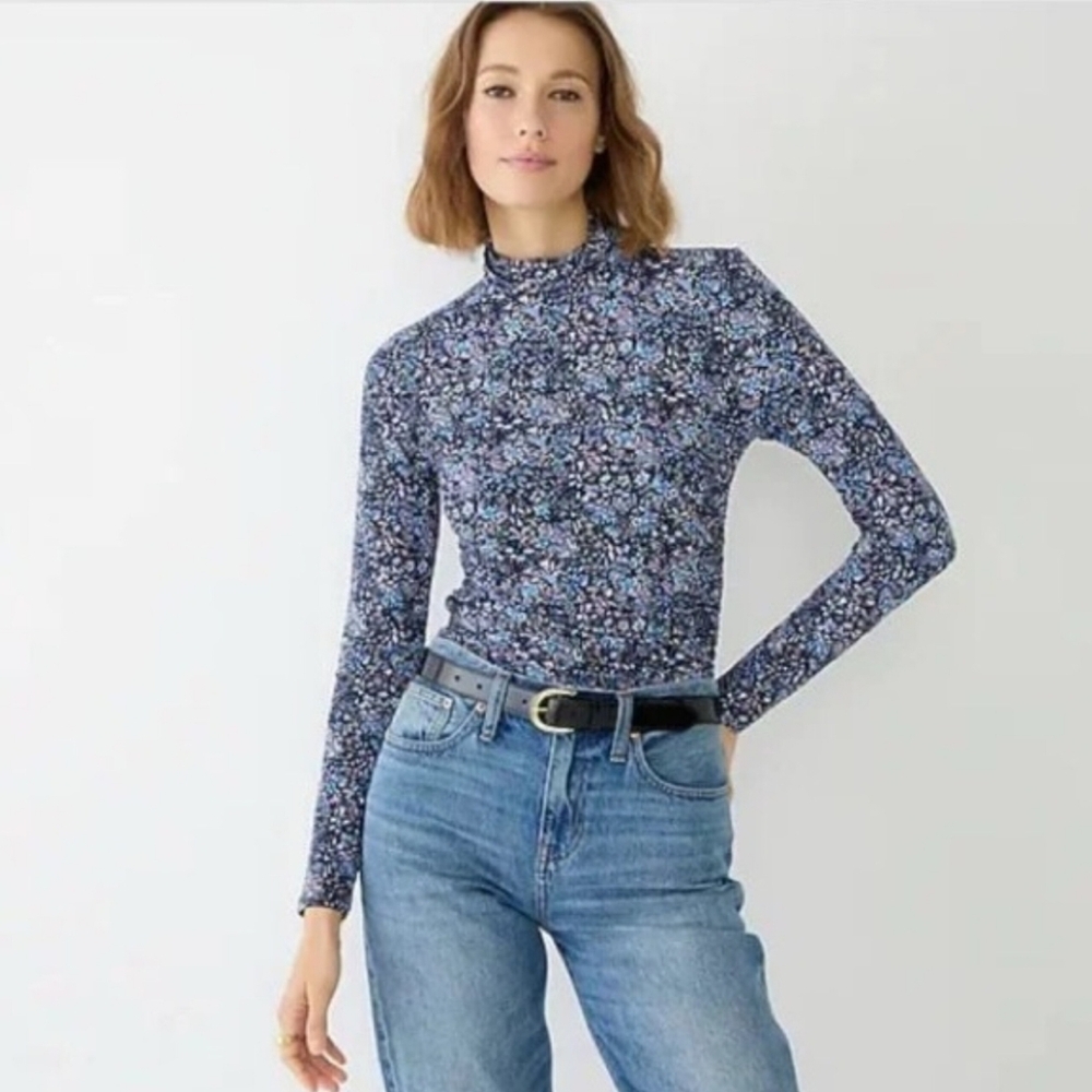 J.Crew Ruched Matte Jersey Turtleneck Top Coventry Floral Medium Navy Lavender